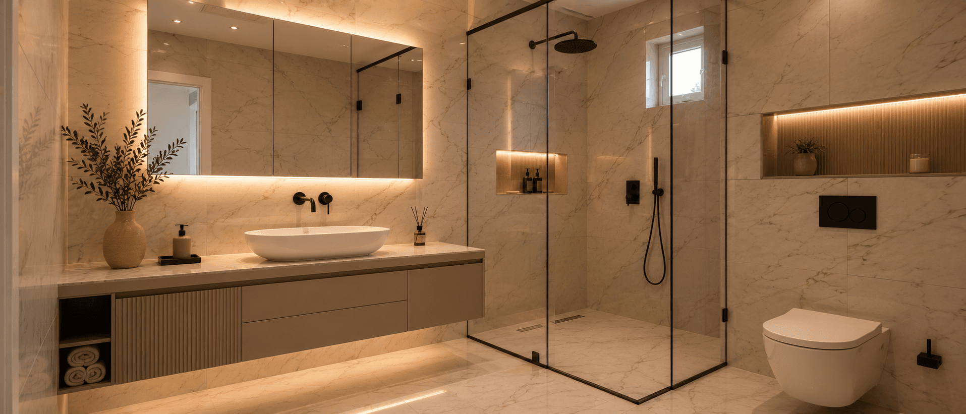 Temsili görsel (yapay zeka ile oluşturulmuş referans görsel) — mermer desenli yüzeyli, cam duşakabinli bir banyo atmosferi.